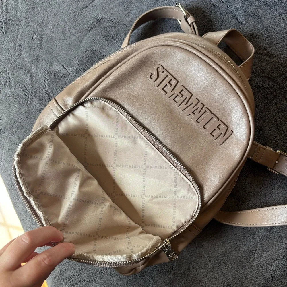 New Steve Madden Backpack Purse, Faux Leather, Silver Hardware, Taupe / Tan